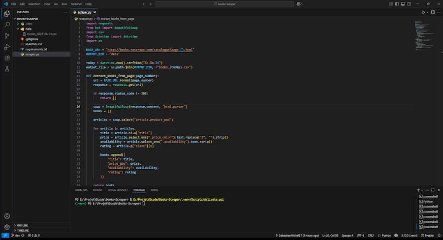 Capture d'écran complète du script Books Scraper